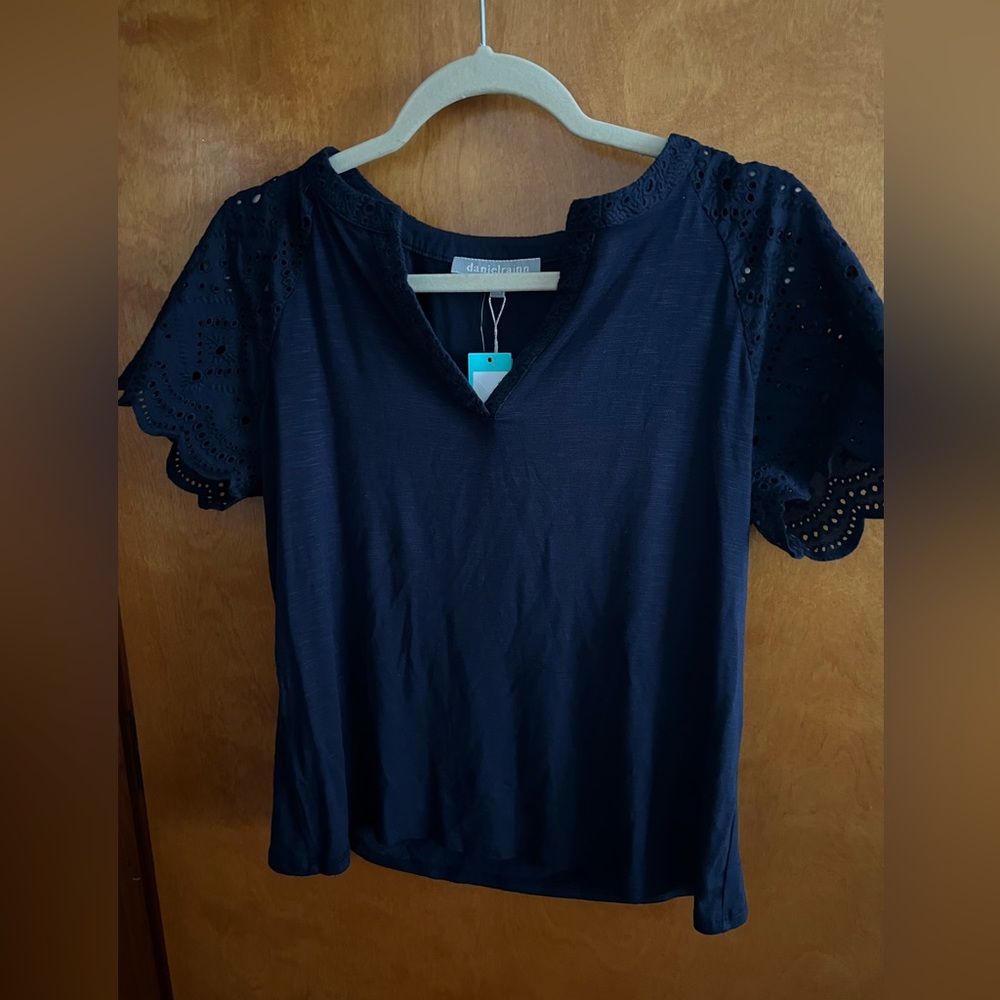 navy blue short sleeve shirt with lace sleeves